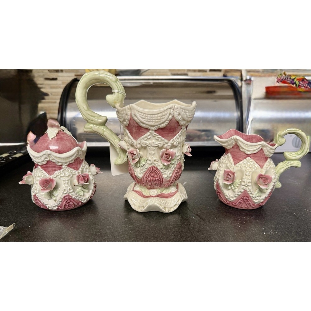 Vintage Capodimonte Style Porcelain Tea Set Teapot Creamer Sugar Roses